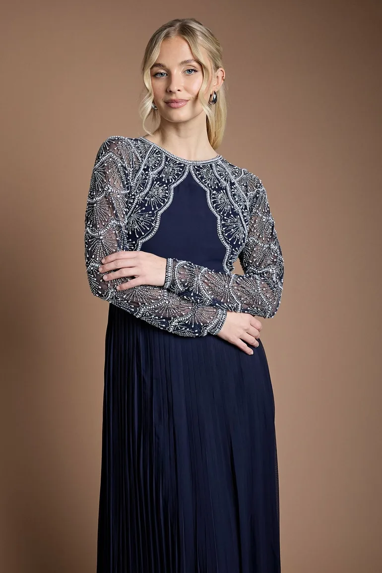 فستان ماكسي بكسرات بحواف سكالوب مزين بأحجار - 1