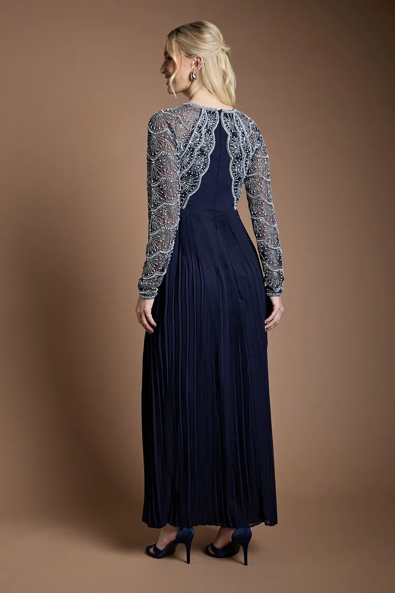 فستان ماكسي بكسرات بحواف سكالوب مزين بأحجار - 2