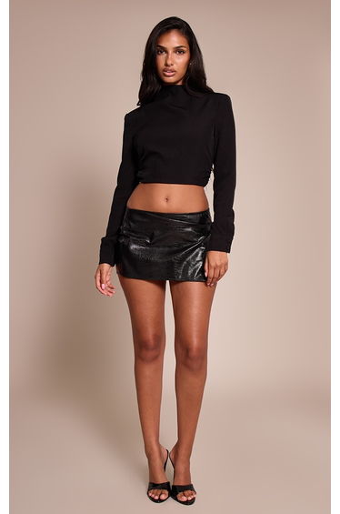 Black Faux Leather Croc Micro Mini Skirt