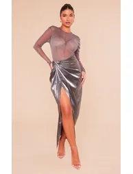 Petite Grey Metallic Midaxi Skirt With Split
