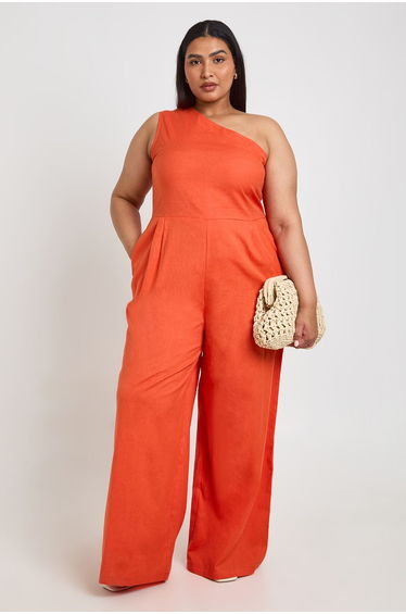 Plus Linen One Shoulder Jumpsuit - burnt orange