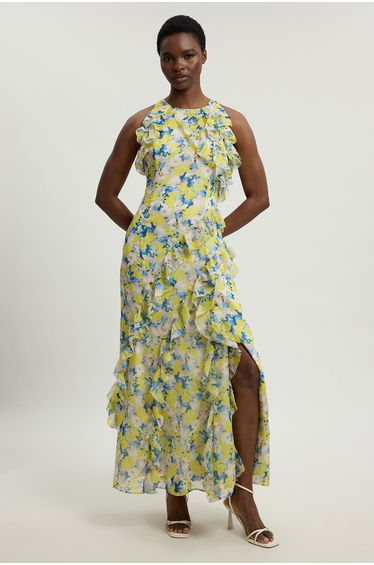 Petite Floral Crinkle Georgette Ruffle Detail Halter Neck Woven Maxi Dress