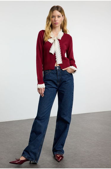 Claret Red Garni Detailed Color Block Knitwear Cardigan