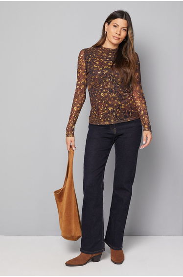 Animal Print Mesh High Neck Top
