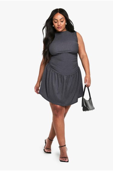 plus TEXTURED SLEEVELESS ROUCHED MINI DRESS - charcoal