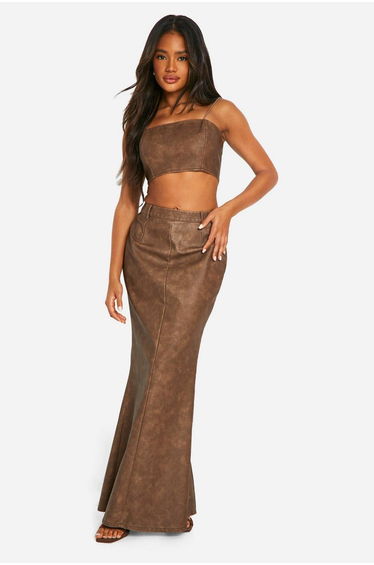 Washed Faux Leather Maxi Skirt - chocolate
