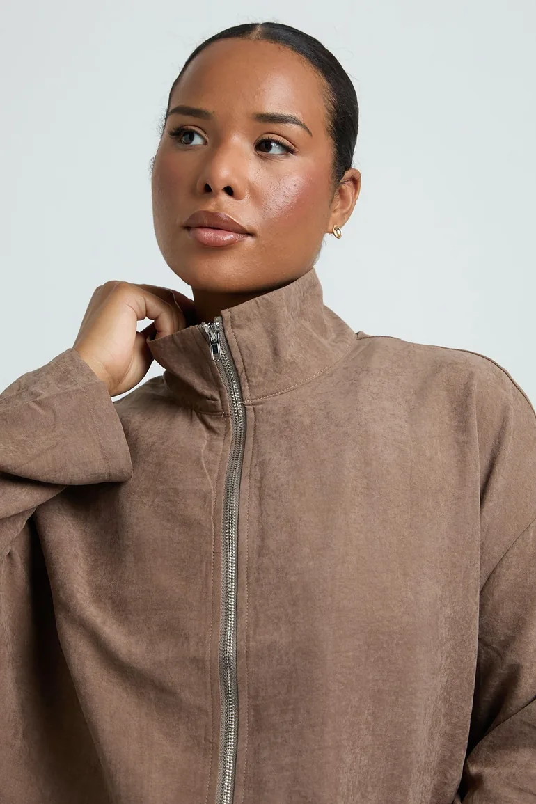 Plus Peached Funnel Neck Jacket - brown - 3