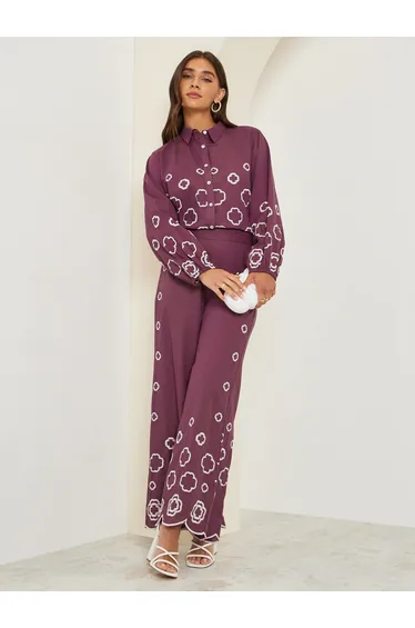 Women Purple Embroidered Hem Pants
