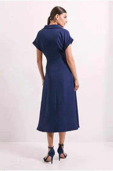 فستان ميدي قميص بربطة أمامية - كحلي