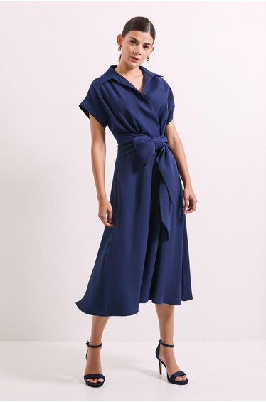 Navy Front Tie Shirt Midi Dress