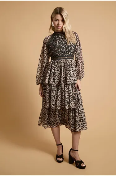 Lace Trim Dobby Chiffon Tiered Midaxi Dress