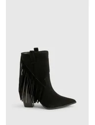 Wide Fit Faux Suede Fringe Tassel Detail Heeled Western Ankle Boot - 2