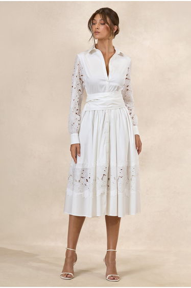 Zalynne | White Collared-Neck Midi Dress