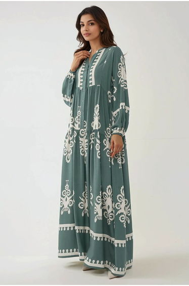 Printed Long Sleeve Viscose Maxi Dress