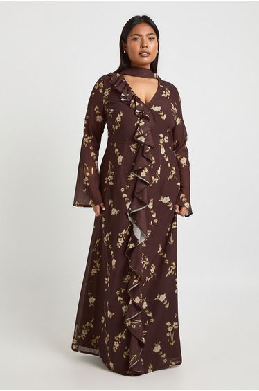 Plus Ruffle Front Seam Scarf Detail Maxi Dress - chocolate
