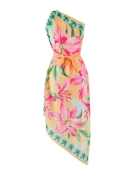Floral Patterned Midi Woven Belted Satin Beach Dress - 1