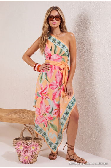 Floral Patterned Midi Woven Belted Satin Beach Dress