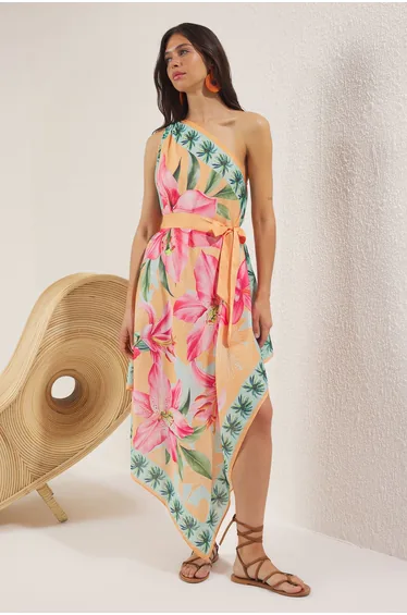 فستان بحر ساتان ميدي بحزام بطبعة أزهار