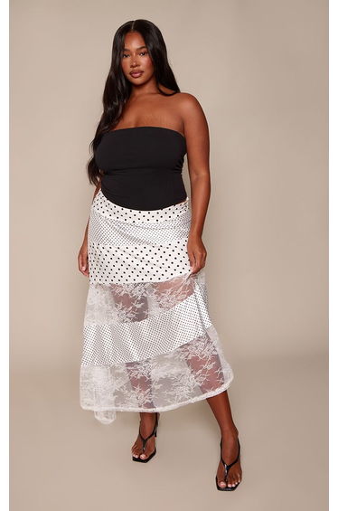 Plus White Polka dot Lace Detail Maxi Skirt