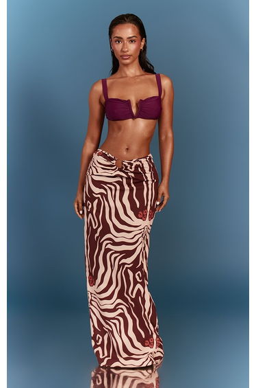 Brown Zebra Print Dip Front Maxi Beach Skirt