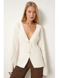 Women's Ecru V-Neck Stylish Buttoned Knitwear Cardigan - 1