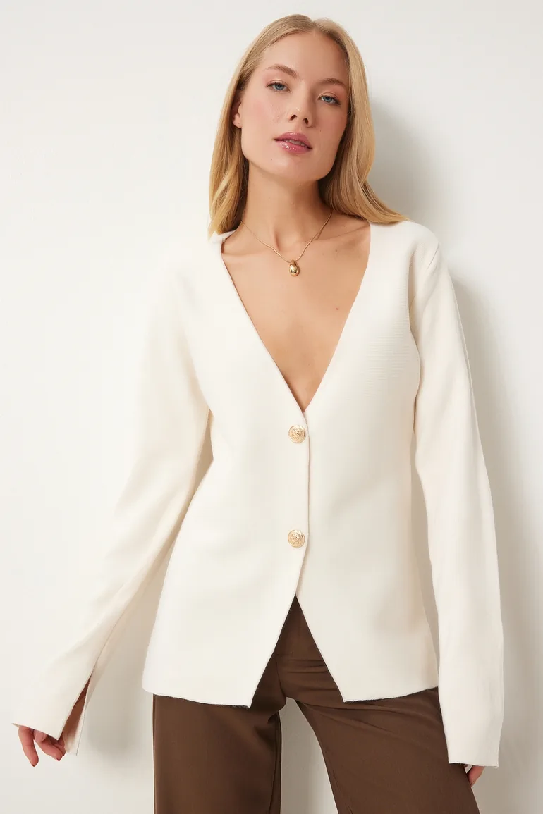 Women's Ecru V-Neck Stylish Buttoned Knitwear Cardigan