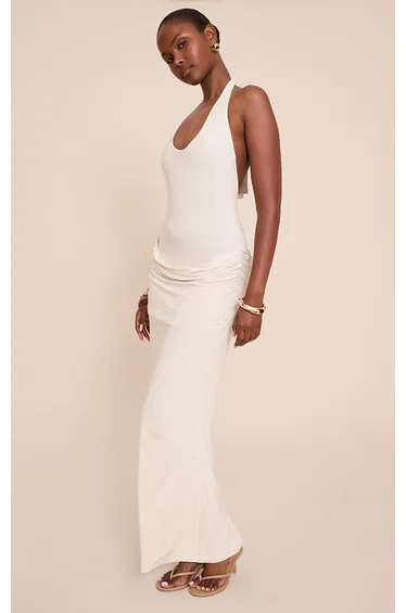 فستان ماكسي مزموم بياقة هالتر لون أصفر