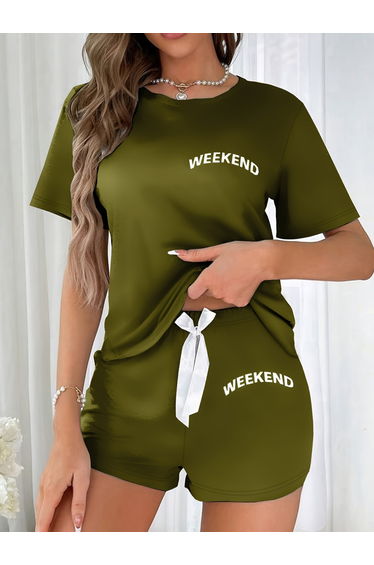 Olive Slogan Text Print T-Shirt and Shorts Set