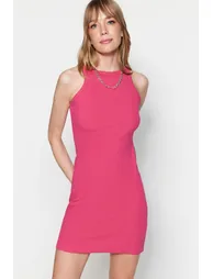 Pink Halter Neck Fitted Ribbed Stretch Mini Knitted Dress - 2