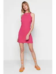 Pink Halter Neck Fitted Ribbed Stretch Mini Knitted Dress