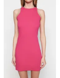 Pink Halter Neck Fitted Ribbed Stretch Mini Knitted Dress - 3