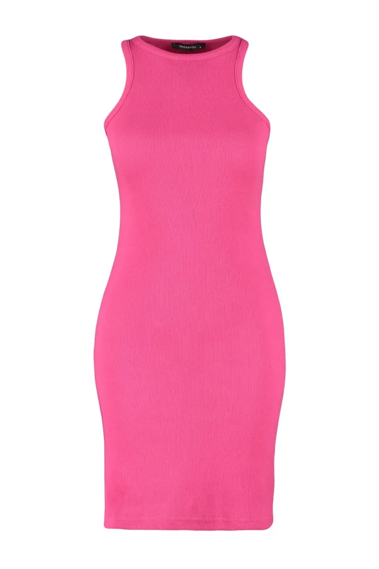 Pink Halter Neck Fitted Ribbed Stretch Mini Knitted Dress - 6