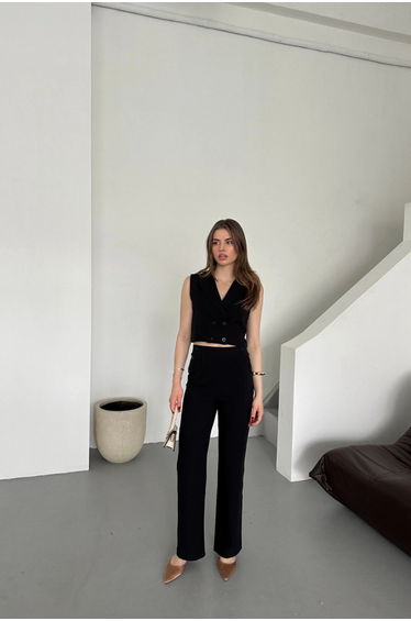 MY FASHION High Waist V-neck Buttoned Wide Leg Co-ord Set