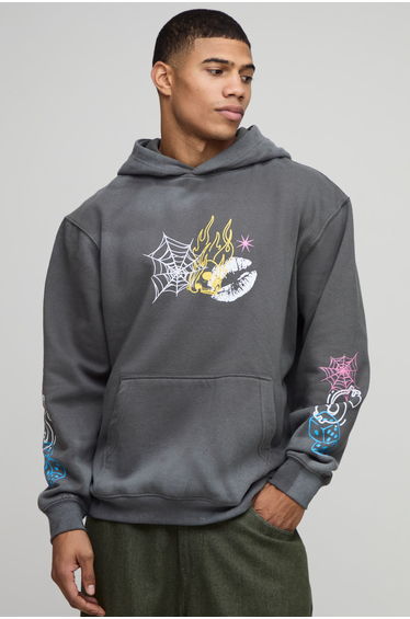 Washed Charcoal Oversized Doodle Printed Hoodie - washed charcoal