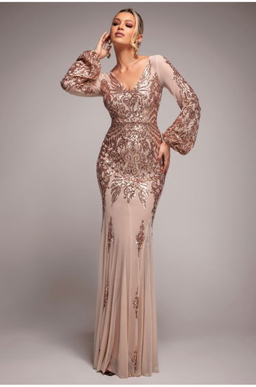 Embellished Sequin Bishop Sleeve Maxi Dress - Champagne by Goddiva