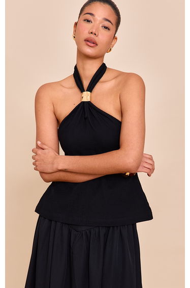 Black Lightweight Woven Halterneck Trim Detail Top