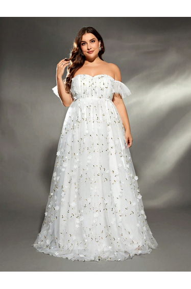 Leely White Plus Size Off-the-Shoulder Floral Embroidered Wedding Dress