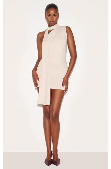Cream Soft Touch One Shoulder Wrap Detail Mini Dress