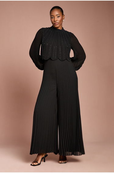 Long Sleeve Pearl Embellished Pleated Jumpsuit