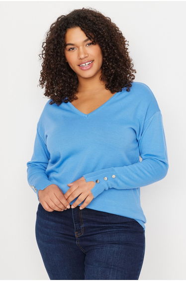 Light Blue V-Neck Button Detailed Knitwear Sweater