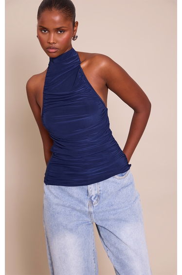 Navy Double Layer Slinky Highneck Drapey Long Top