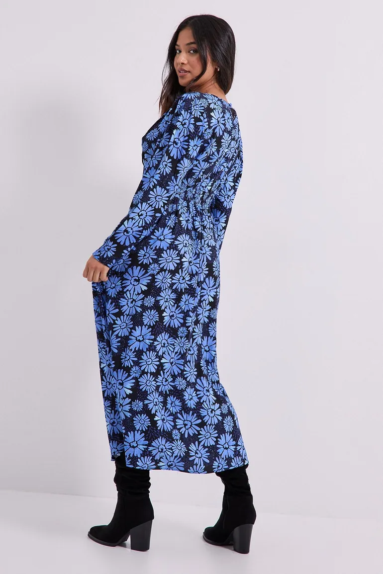 Petite Blue Daisy Shirred Waist Button Detail Midi Dress - 2