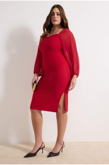 Red long sleeve bodycon midi/mid-length woven dress with slit