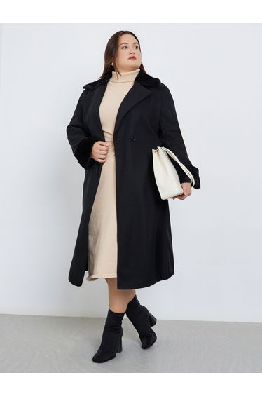 Plus Size Black Wool Like Belted Coat with Fur Trim