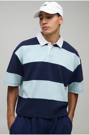 Oversized Shrunken Stripe Interlock Short Sleeve Rugby Polo - blue