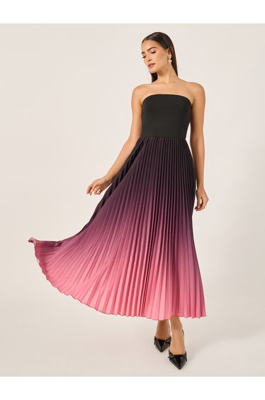 Ombre Accordion Pleated Strapless A-Line Dress
