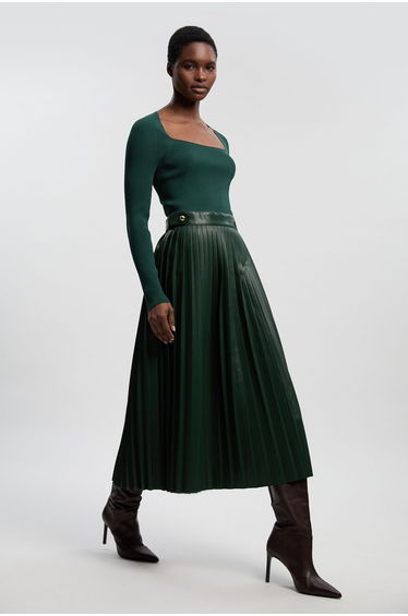Viscose Rib Pu Mix Tab Detail Pleated Knit Midi Dress