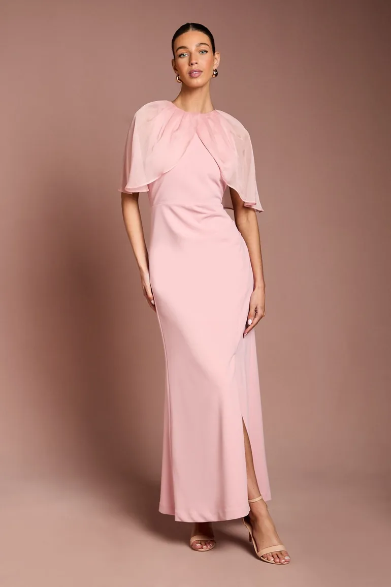 Cape Sleeve Ruched Detail Maxi Dress