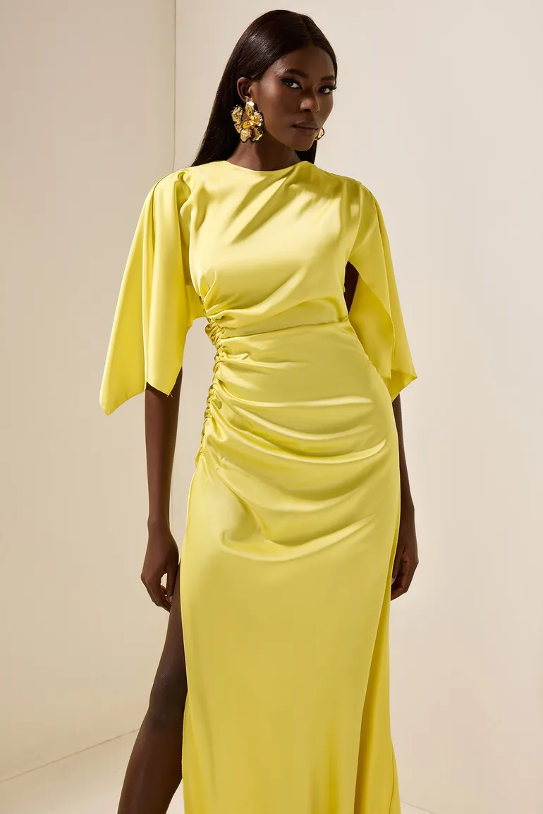 Léonie Satin Ruched Cape Sleeve Split Maxi Dress in Yellow - 4