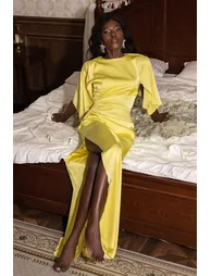 Léonie Satin Ruched Cape Sleeve Split Maxi Dress in Yellow - 10